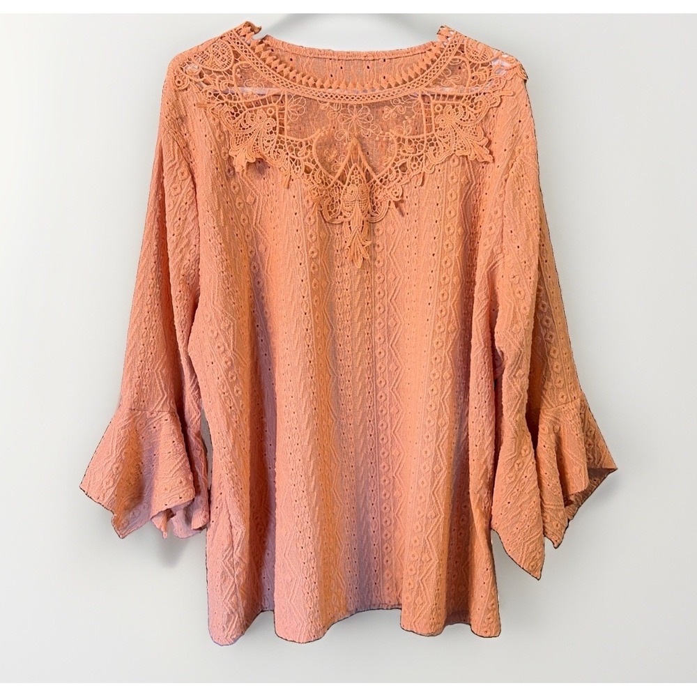 Women's 2XL Bohemian Eyelet Lace Romantic Flowy Festival Tunic Top Peachy Orange